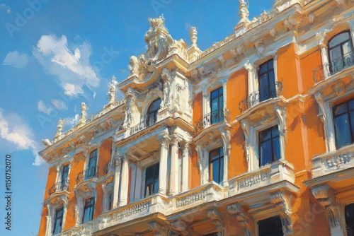 Colorful architectural detail of a historic building under a bright blue sky