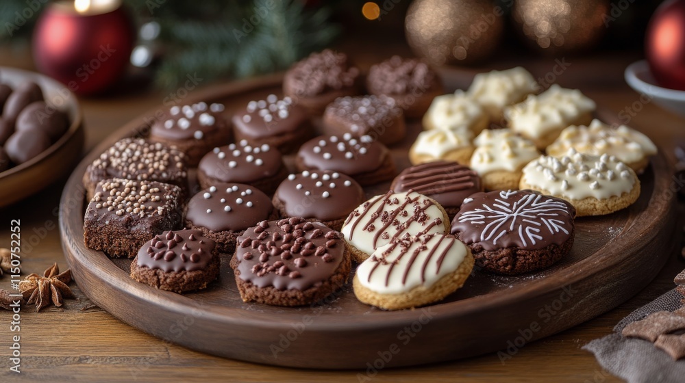 Delicious assorted holiday cookies on a wooden platter with festive decorations Delicious assorted holiday cookies on a wooden platter with festive decorations