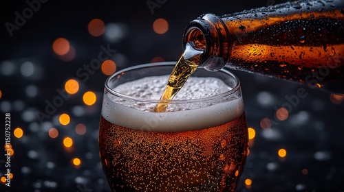 Pouring a cold beverage into a sparkling glass with festive lights in the bac...