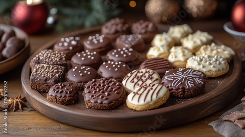 Delicious assorted holiday cookies on a wooden platter with festive decorations