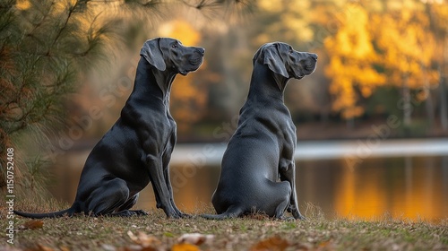 Beautiful gray dog sits in lush green yard at sunset near cozy home