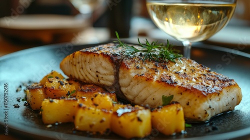 Delicious grilled salmon with vegetables and white wine in cozy dining setting