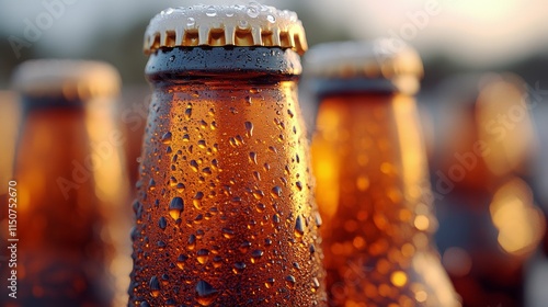 Refreshing amber beer bottle on a wet wooden surface during sunset