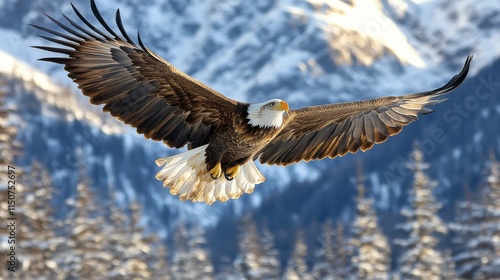Majestic bald eagle soaring above snow-covered mountains under clear blue sky
