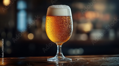 Refreshing cold beer served in a frosty mug on a wooden table at a cozy pub i...