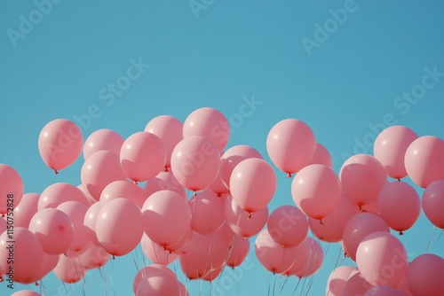 Pink balloons float against a bright blue sky with fluffy white clouds in a j...