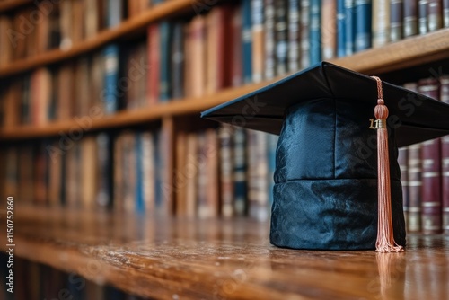 Graduation cap resting on a wooden shelf filled with classic books in a library