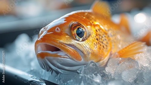 Freshly caught rainbow trout displayed on ice at a seafood market during the ...