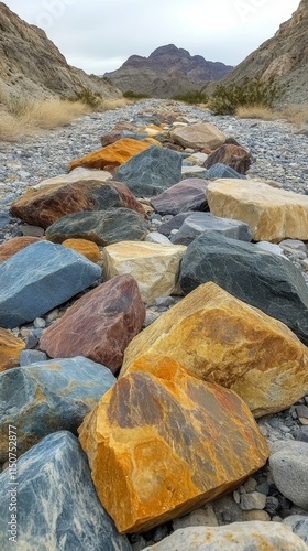 Colorful collection of smooth stones arranged on a natural surface in bright ...