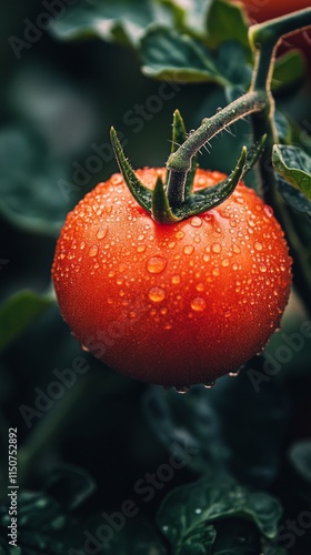 Fresh ripe tomato with dew drops on vine in a lush garden setting