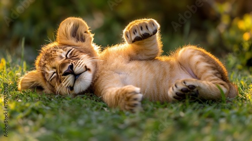 Lion cub sleeping peacefully in the grass at a wildlife reserve during the af...