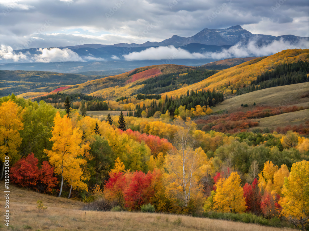 Fototapeta premium autumn in the mountains. autumn, landscape, fall, forest, mountain, tree, nature, mountains, sky, trees, yellow, foliage, leaves, view, orange, season, colors, park, leaf, hill, outdoors, green, trave