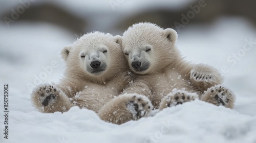 Cute polar bear cub napping on soft snow in a serene icy environment
