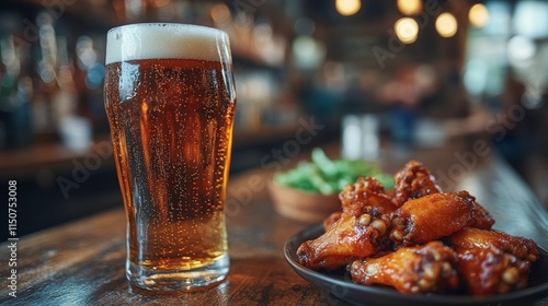 Enjoying craft beer with delicious chicken wings at a cozy pub in the evening