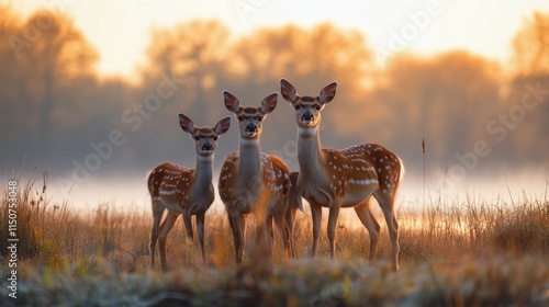 Sunrise silhouette of a deer family in a misty meadow with gentle golden light