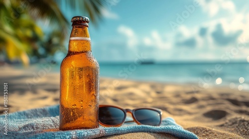 Refreshing beverage on a sunny beach with sunglasses on a towel near calm waters