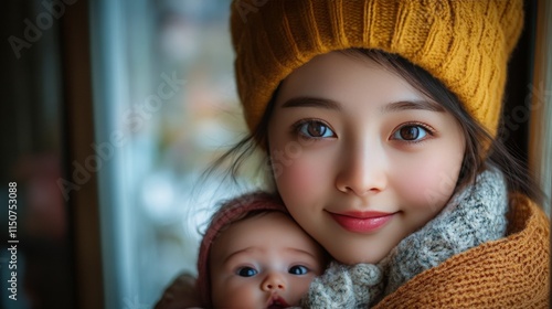 Warm embrace in winter with a mother and her baby wrapped in cozy sweaters an...