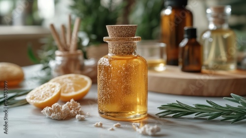 Essential oils displayed in a cozy indoor setting with natural light