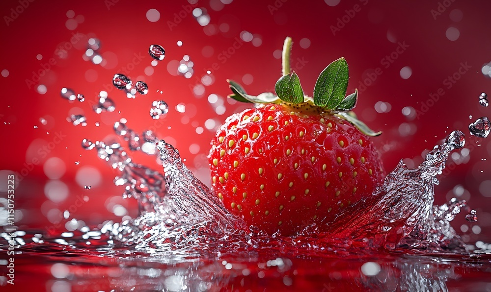 A fresh strawberry splashing into a pool of water with a vibrant red background A fresh strawberry splashing into a pool of water with a vibrant red background