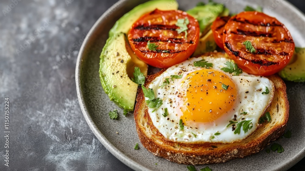 Delicious breakfast featuring fried egg on toast with grilled tomatoes and avocado slices Delicious breakfast featuring fried egg on toast with grilled tomatoes and avocado slices