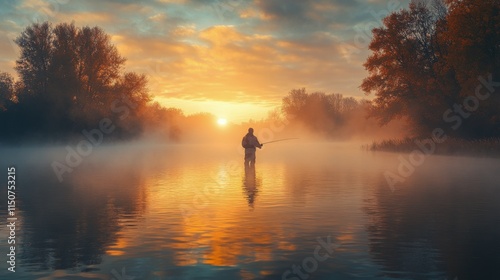 Fishing at dawn with vibrant sunrise and mist reflecting on the water surface