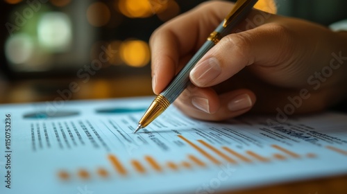 Hand holding a pen while reviewing financial documents in a well-lit office s...