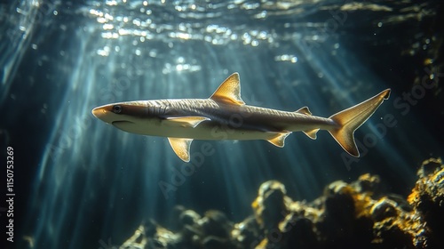 Shark swimming gracefully in clear blue ocean waters with sun rays filtering ...