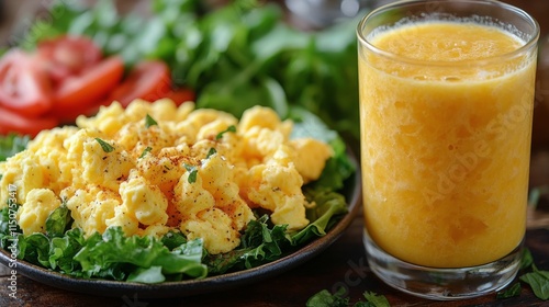 Breakfast spread with scrambled eggs and fresh juice on wooden table in cozy ...