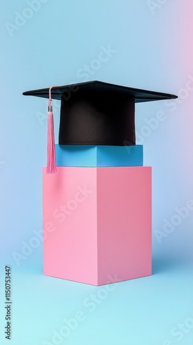 Celebrating academic achievement with a graduation cap on a colorful pedestal