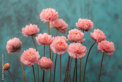 Beautiful pink flowers arranged against a bright blue background for a fresh ...