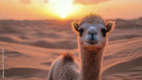 Curious camel calf gazes at sunset in a desert landscape