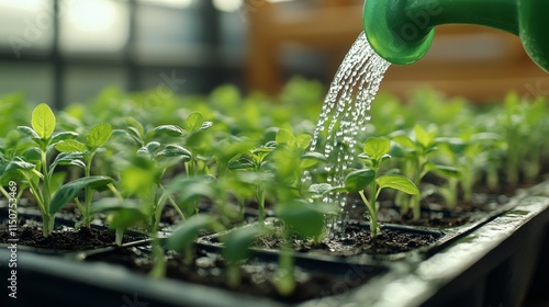 Watering young green plants in pots on a sunny day in a gardening space