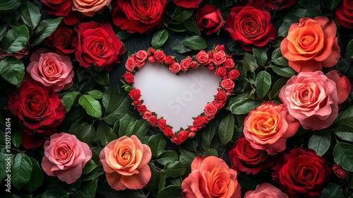 Wallpaper Mural A heart-shaped photo frame surrounded by vibrant red and pink roses with green leaves. The center is a plain white area for inserting a photo. Torontodigital.ca