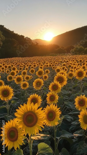 Sunflowers blooming in a vibrant field during golden hour at sunset