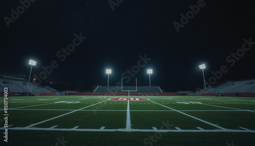 Empty football field glowing under bright stadium lights at night, capturing the pre-game atmosphere.