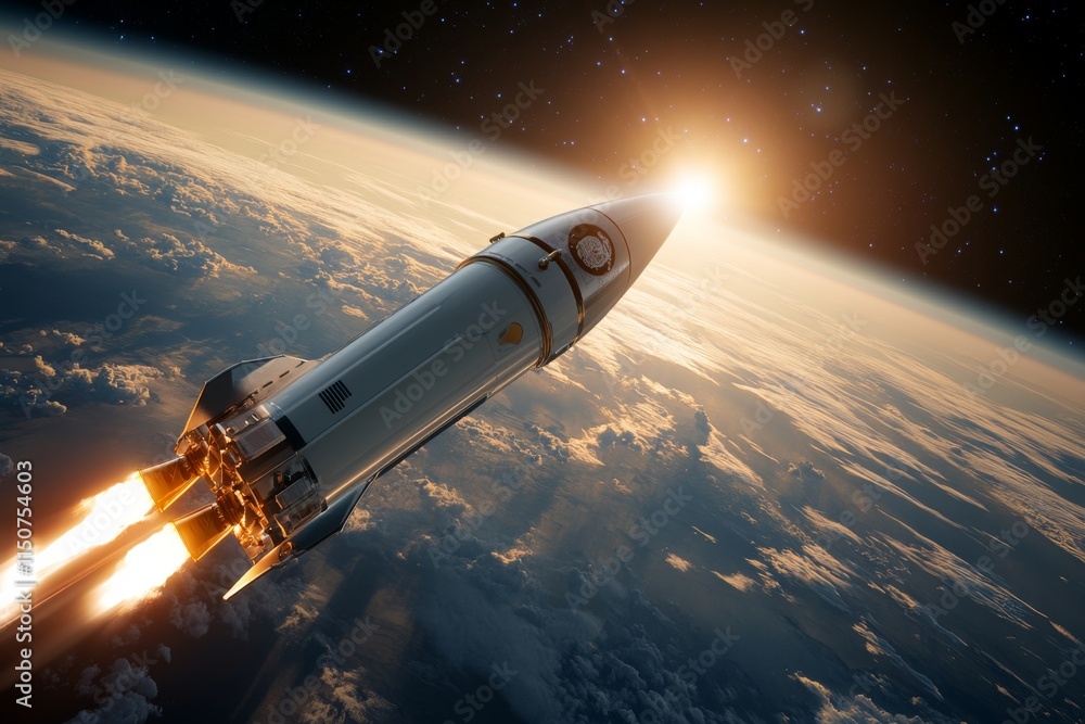 Obraz premium Rocket launches into space, leaving Earth's atmosphere behind at sunrise