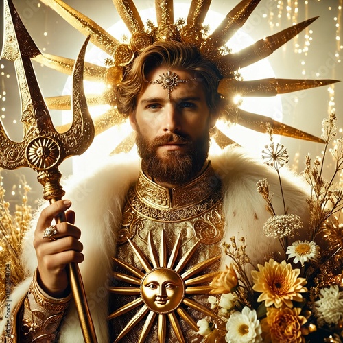 Baldr, the Norse god of light and purity known for his beauty and goodness, celestial glow, radiates warmth and divinity. Golden armor. Golden sword. Flowers. Peaceful aura. Baldur. Generative AI photo