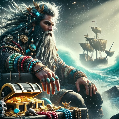 Njord: Lord of Seafarers and Treasures of the Deep, seated majestically by the ocean's edge. Decorated with colorful shells, corals, and a gold chest. Dominion over wealth and the seas. Generative AI photo