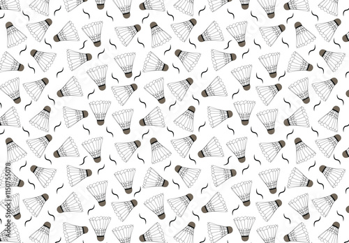  Doodle badminton seamless pattern with hand drawn shuttlecock and dots. Vector sport background for textile