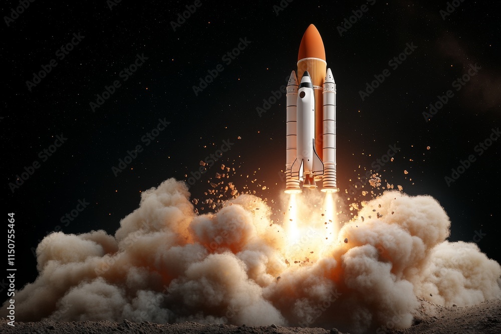 Fototapeta premium Rocket launches into the night sky, leaving a trail of smoke and fire during an exciting space exploration mission