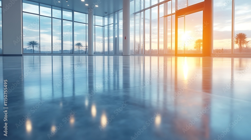 Modern Office Interior with Sunset View Through Large Windows Modern Office Interior with Sunset View Through Large Windows