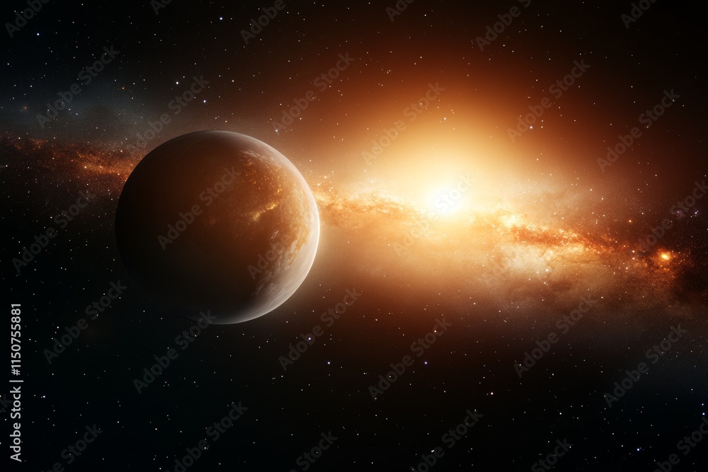 Naklejka premium Celestial view of a planet near a glowing star in a distant galaxy during a cosmic event
