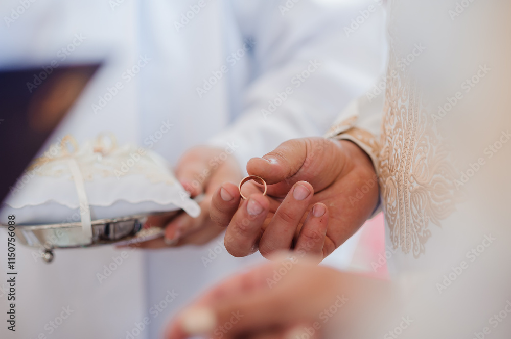 Elegant Wedding Ceremony with Bride and Groom Exchanging Rings Elegant Wedding Ceremony with Bride and Groom Exchanging Rings