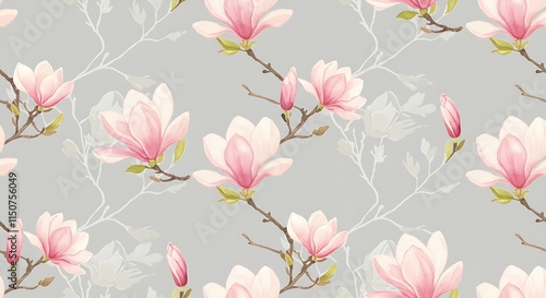 Fototapeta Naklejka Na Ścianę i Meble -  Delicate pink magnolia flowers.  Floral seamless watercolor pattern. Spring botanical.