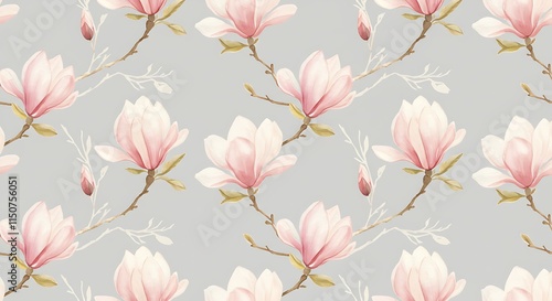 Fototapeta Naklejka Na Ścianę i Meble -  Delicate pink magnolia flowers in a watercolor floral seamless pattern.  Spring botanical art.