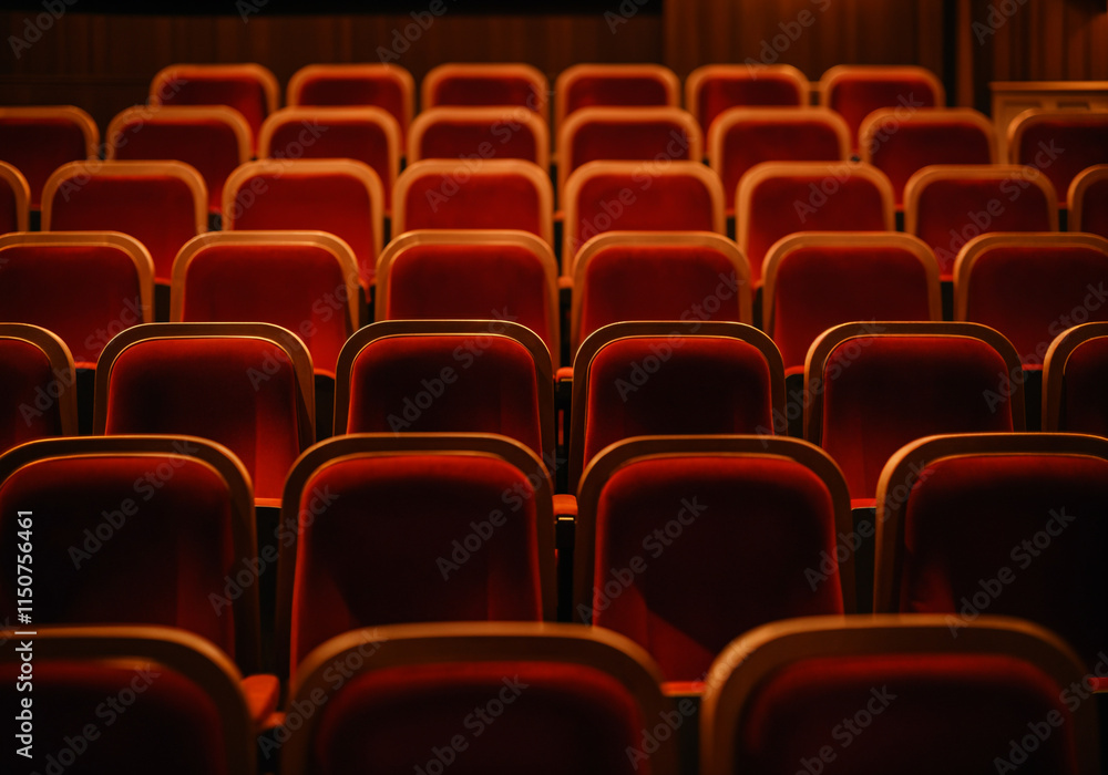 Obraz premium Rows of empty red velvet and wooden seats in an auditorium, cinema or theater, waiting for the audience to arrive