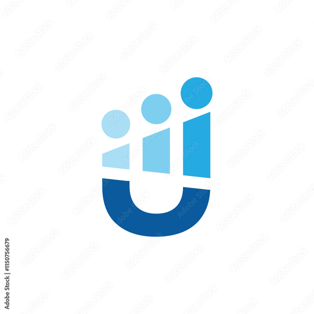 A flat logo design of a monogram letter U with three abstract persons on it in blue shades A flat logo design of a monogram letter U with three abstract persons on it in blue shades