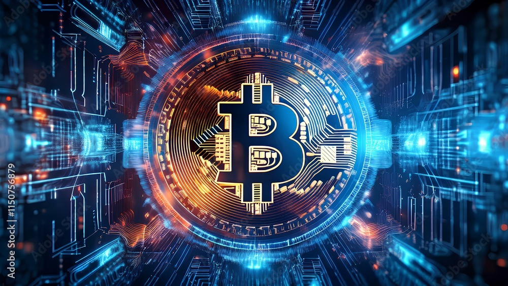 Fototapeta premium Visualization of blockchain network of digital technologies cryptocurrency. Innovative concept of bitcoin mining.