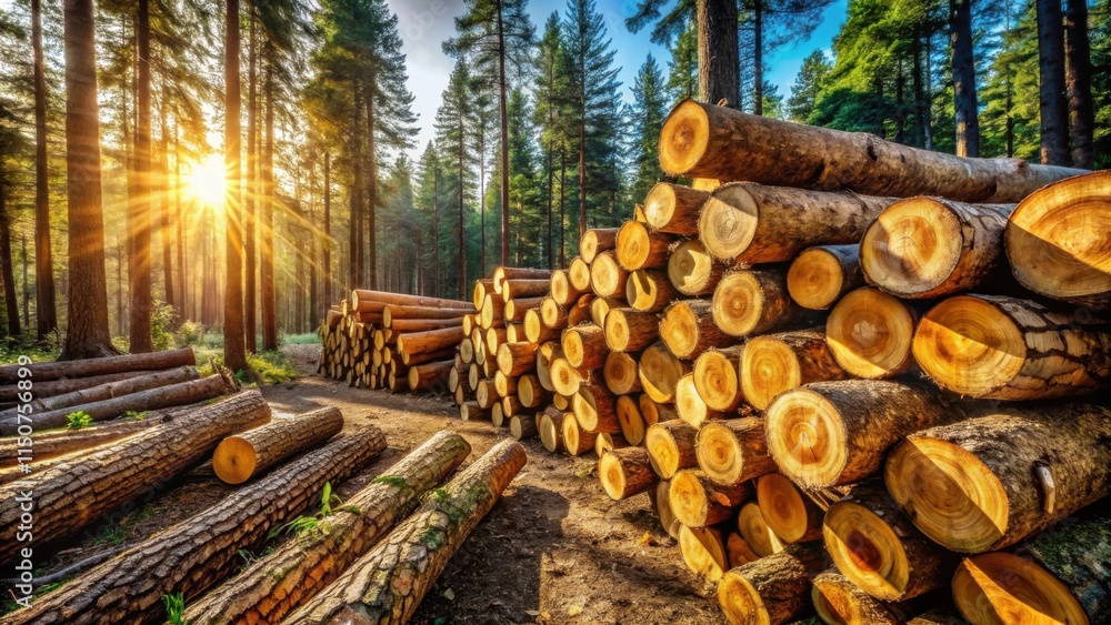 Sunbeams illuminate a forest clearing where stacks of freshly cut logs lie, their circular cross-sections a testament to the cycle of life and renewal Sunbeams illuminate a forest clearing where stacks of freshly cut logs lie, their circular cross-sections a testament to the cycle of life and renewal