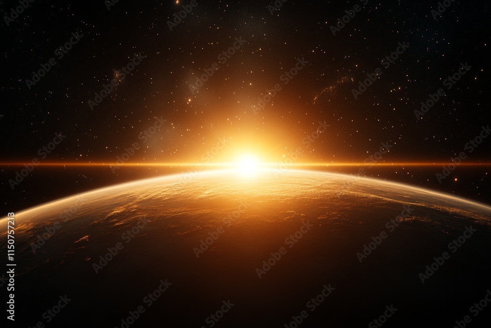 Majestic sunrise over Earth from space with glowing horizon and stars in the background Majestic sunrise over Earth from space with glowing horizon and stars in the background